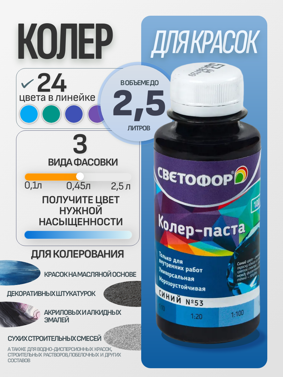Колер-паста универсальная СВЕТОФОР — колер Светофор, Синий, 2,5 л, по штукатурке
