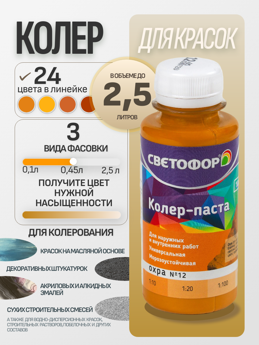 колер Колер-паста универсальная СВЕТОФОР Охра 2,5 л, матовая, колеруемая по штукатурке