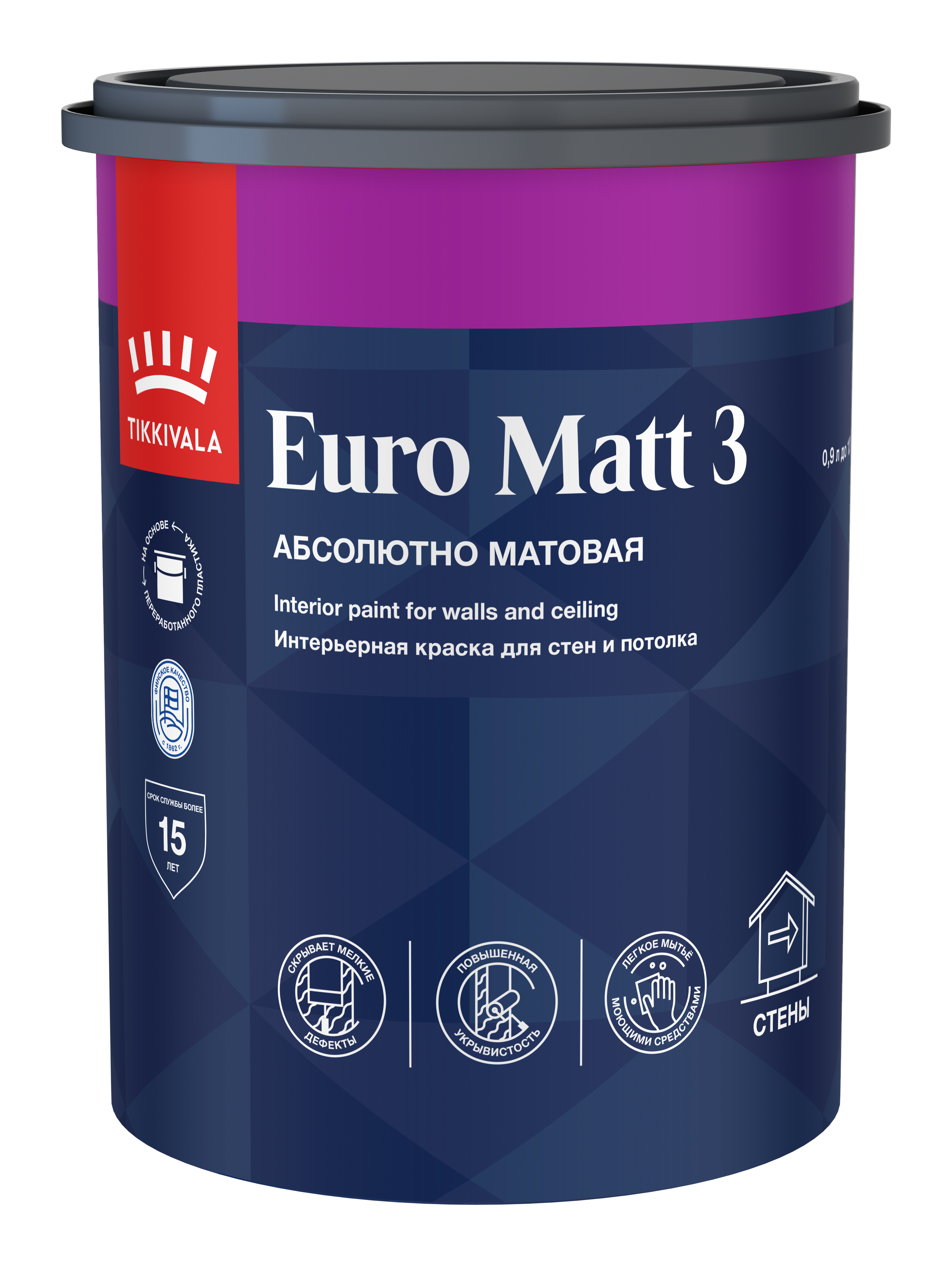 Краска для стен и потолков EURO MATT 3 Белый 0,9л Tikkivala: для стен и потолков и для внутренних работ