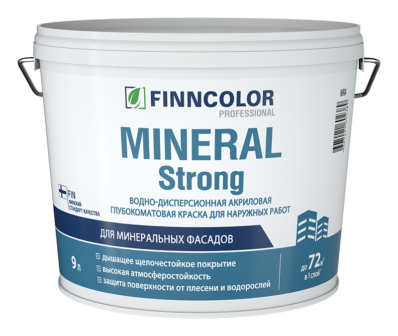 Фасадная воднодисперсионная краска Mineral strong Finncolor, цвет Белый, фасовка 9 л: для наружных работ, по штукатурке