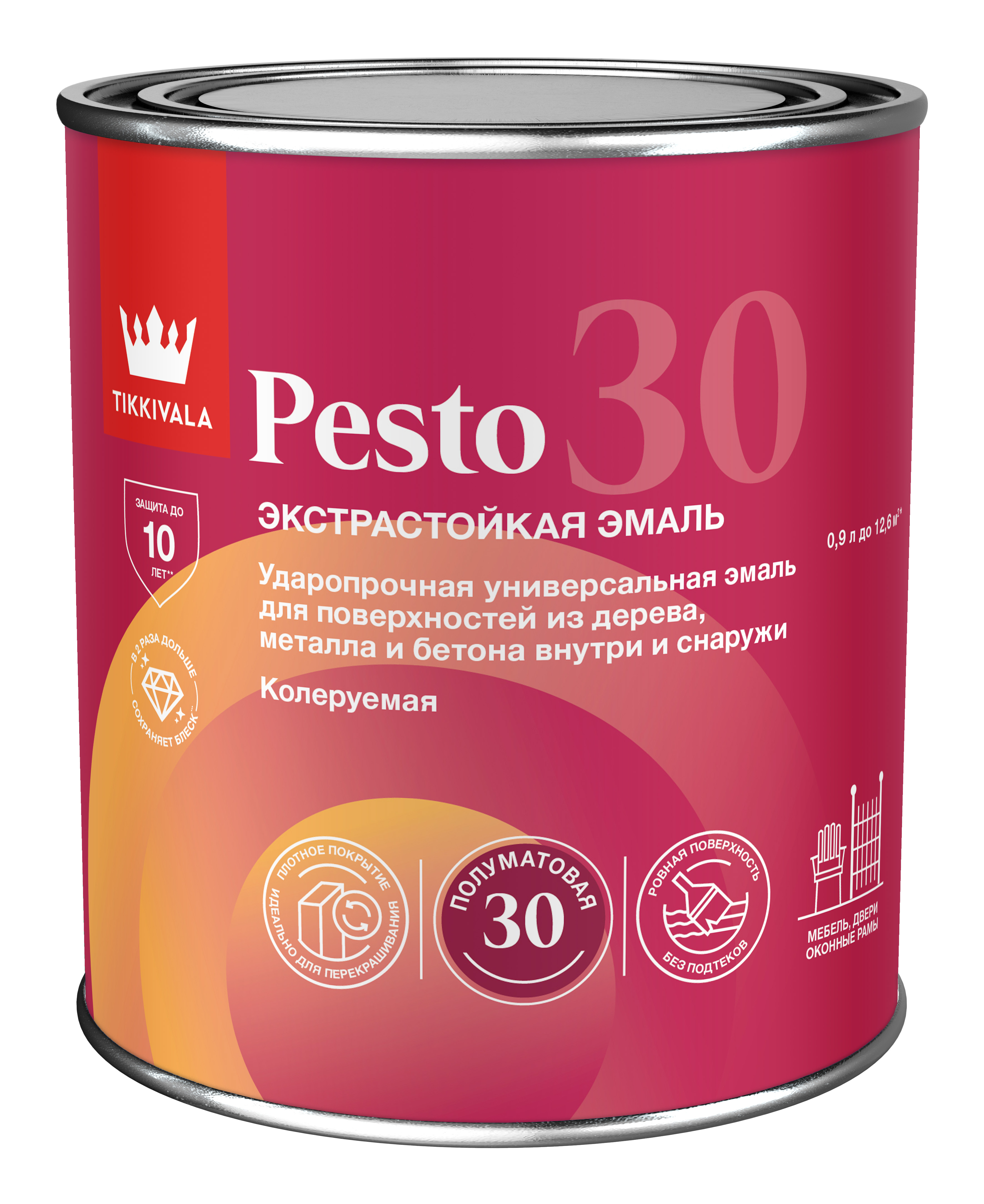 Эмаль универсальная PESTO 30 (полумат) Основа C - для колеровки в насыщенные тона 9 л Tikkivala: для фасада и для наружных работ