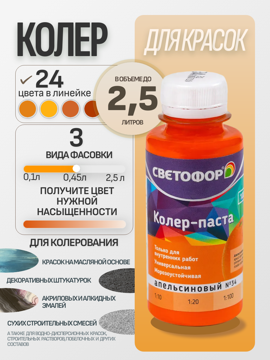 колер Колер-паста универсальная СВЕТОФОР Апельсин 0,1 л, матовая, колеруемая по штукатурке
