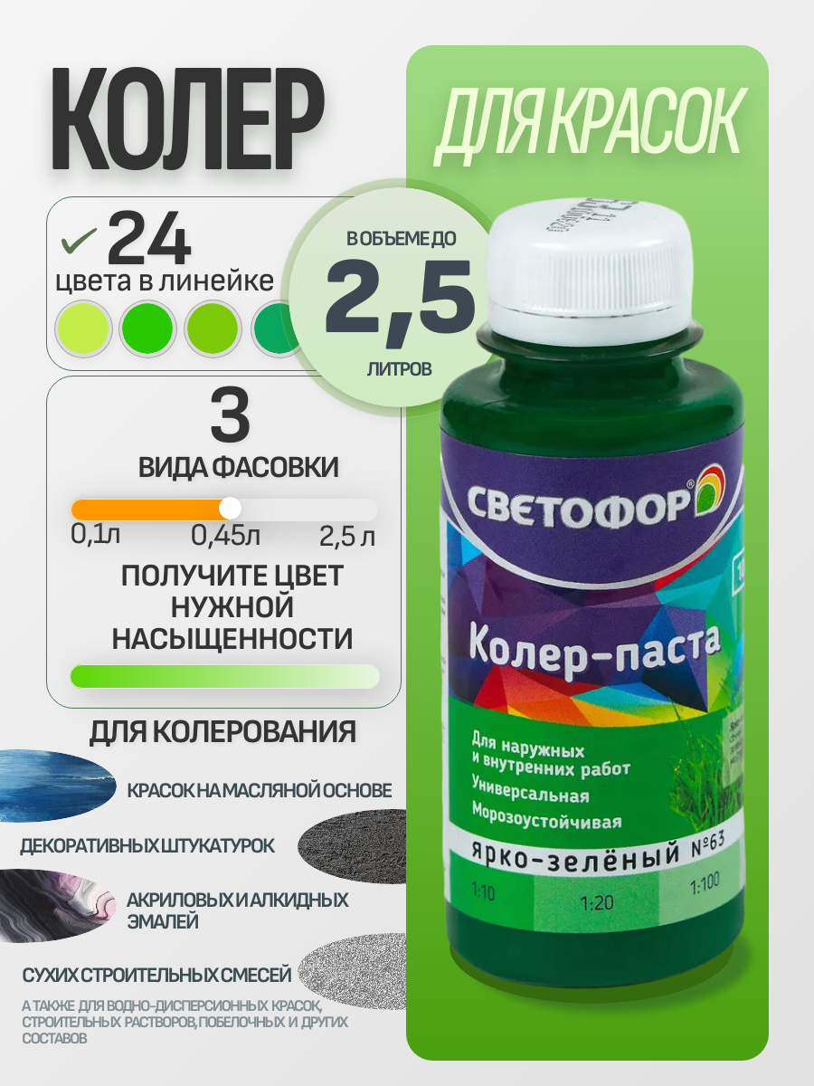 Колер-паста универсальная СВЕТОФОР, 2,5 л, Ярко-зеленый — Светофор