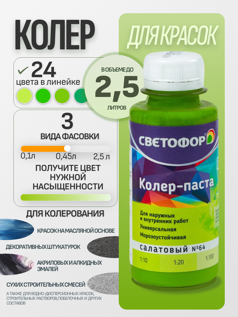 Колер-паста универсальная СВЕТОФОР Салатовый 2,5 л Светофор: для фасада и для наружных работ