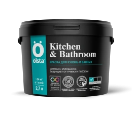 OLSTA Краска для кухонь и ванных Kitchen&bathroom, 9 л, Белый, Ольста Китчен Басрум для стен и потолков, моющаяся, влагостойкая, без запаха